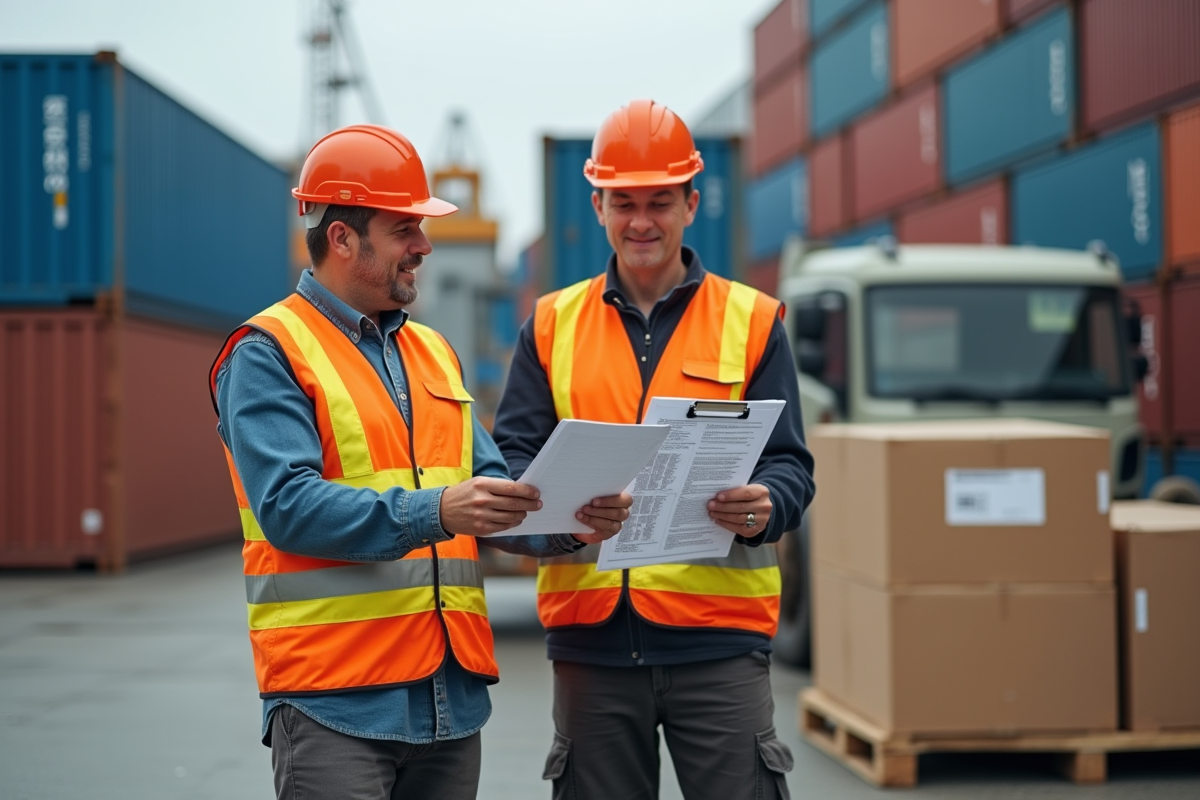Deux ouvriers vérifiant documents dans un port logistique