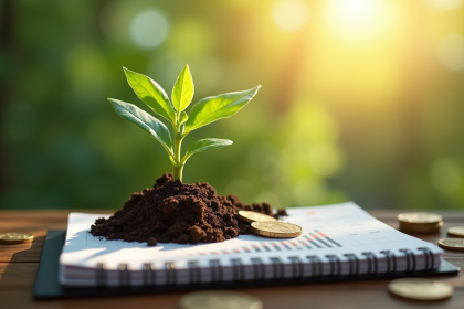 Jeune plante verte poussant dans un sol riche avec des pièces et un carnet