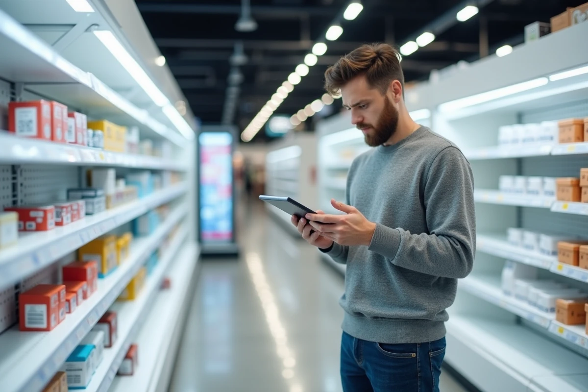 Professionnel analysant des données sur tablette dans un magasin connecté équipé d'étiquettes numériques et de bornes automatiques