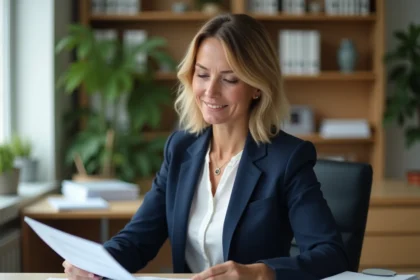Professionnelle en bureau analysant des documents de révision de prix avec index INSEE TP08 sur son bureau