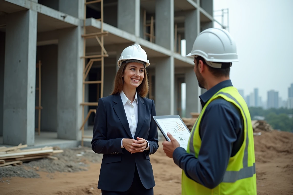 Professionnelle de l'immobilier discutant d'un projet de construction avec un chef de chantier devant un immeuble en cours de rénovation urbaine