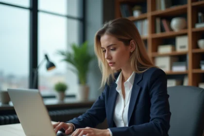 Professionnelle lisant du contenu LinkedIn formaté avec du gras sur un ordinateur portable dans un bureau moderne