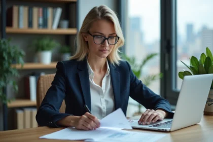 Professionnelle consultant des documents juridiques sur MonIdenum dans un bureau moderne