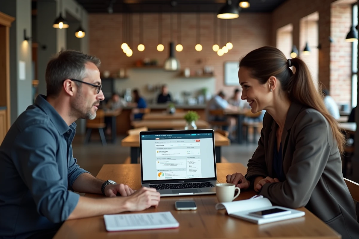 Deux professionnels consultant ensemble le profil officiel et les informations financières d'une société en espace de coworking