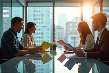 Quatre professionnels autour d'une table avec dossiers colorés pour la segmentation