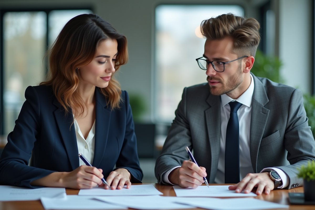 Deux professionnels signent des documents dans un bureau moderne