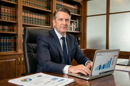 Portrait professionnel d'un dirigeant d'entreprise dans son bureau exécutif entouré de documents corporatifs et de rapports financiers