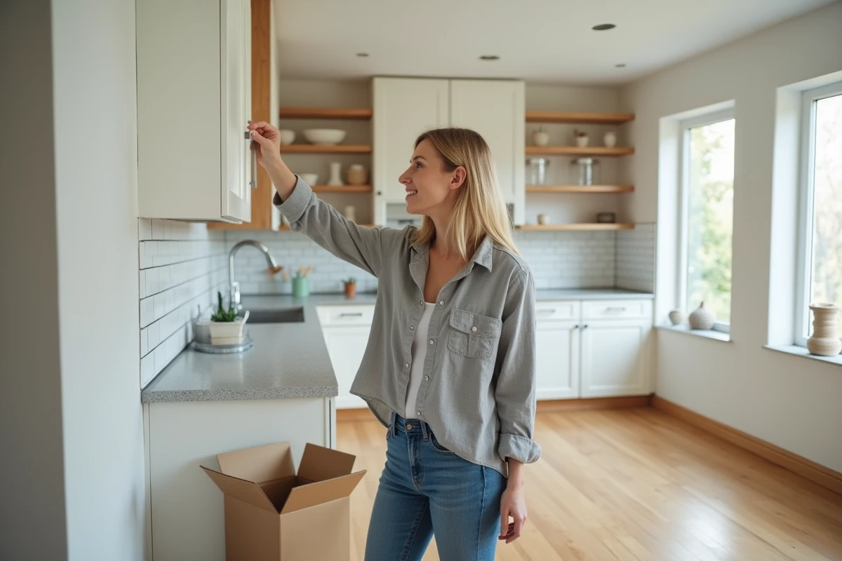 Propriétaire inspectant les finitions d'une cuisine rénovée, pointant un détail de menuiserie, retour d'expérience client sur travaux Coanu
