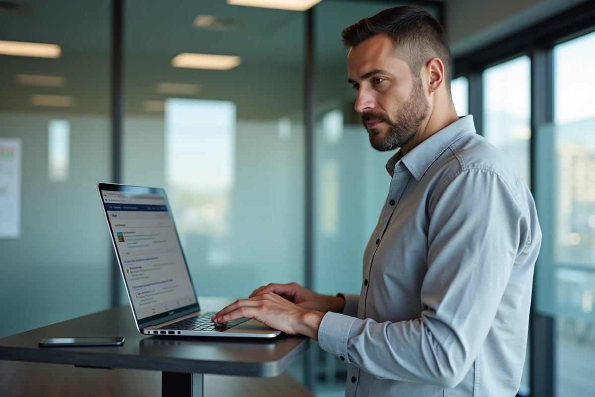 Homme debout utilisant un laptop pour rechercher des applications métier via la barre de recherche de l'intranet Inetum