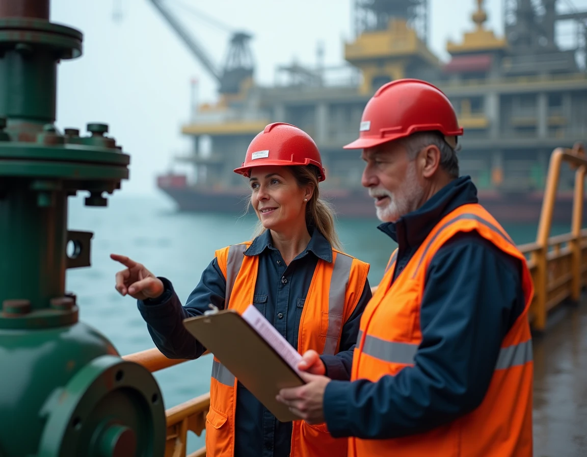 Deux collègues expérimentés en reconversion professionnelle discutant sur le pont d'une plateforme pétrolière offshore, portant des équipements de sécurité
