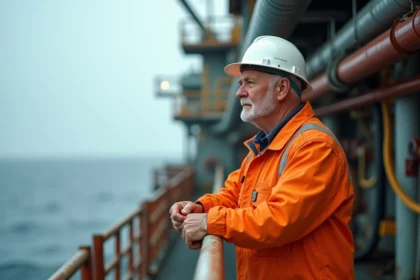 Homme de 50 ans en combinaison de sécurité orange sur une plateforme pétrolière offshore, reconversion professionnelle réussie après 30 ans de carrière