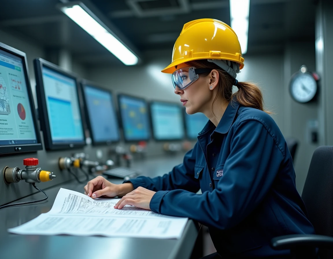 Femme quinquagénaire technicienne sur plateforme pétrolière, reconvertie professionnellement, travaillant dans une salle de contrôle industrielle offshore