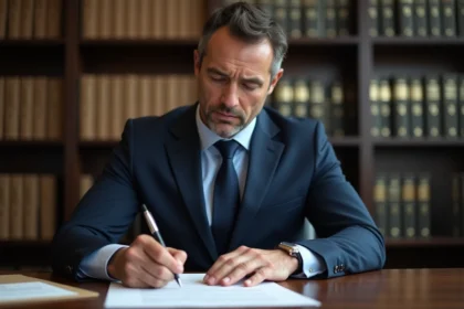 Homme en costume rédigeant une lettre recommandée avec accusé de réception à son bureau professionnel