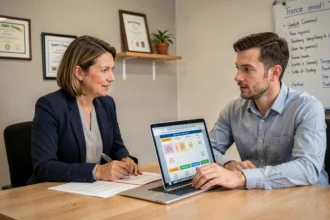 Conseillère France Travail en entretien avec un demandeur d'emploi autour d'un plan d'action personnalisé posé sur un bureau professionnel