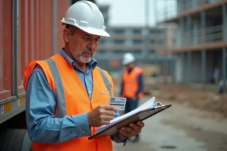 Responsable de chantier tenant une carte de fidélité Loxam sur un site de construction