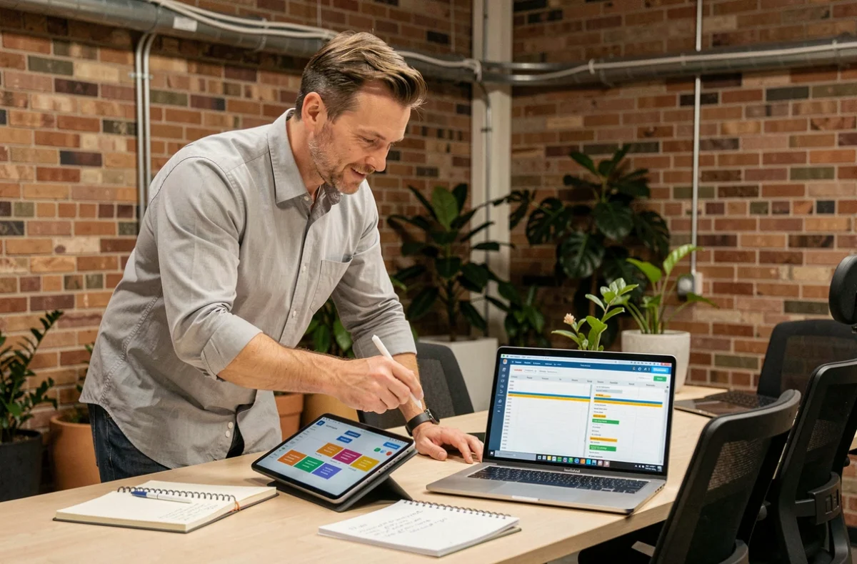 Responsable commercial debout analysant un outil de prospection sur tablette face à un tableau Excel