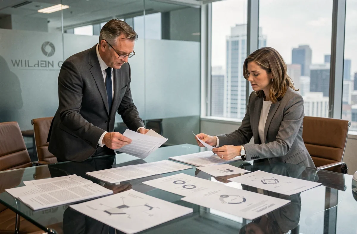 Deux professionnels en réunion d'affaires analysant des documents de sociétés et des structures de holdings dans une salle de conférence moderne