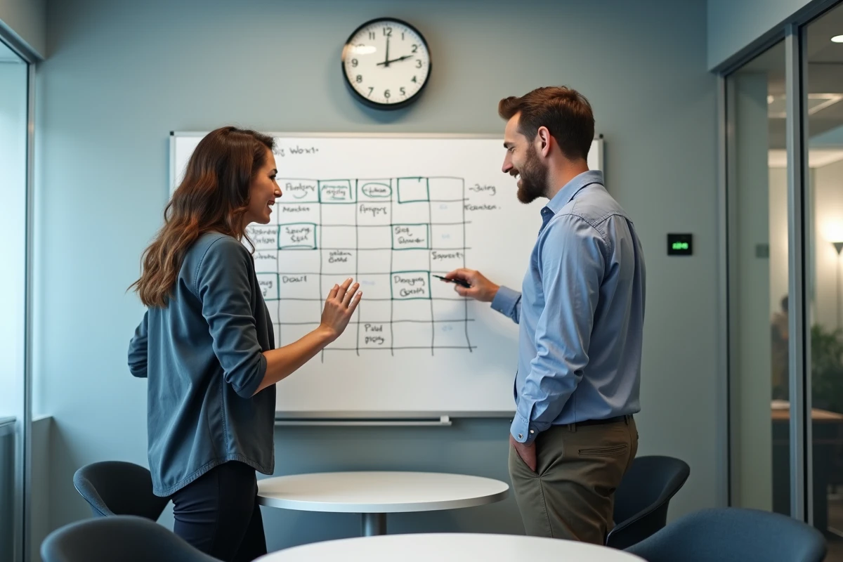 Deux collègues en réunion analysant un tableau de calcul des jours travaillés par an dans le cadre des 35 heures