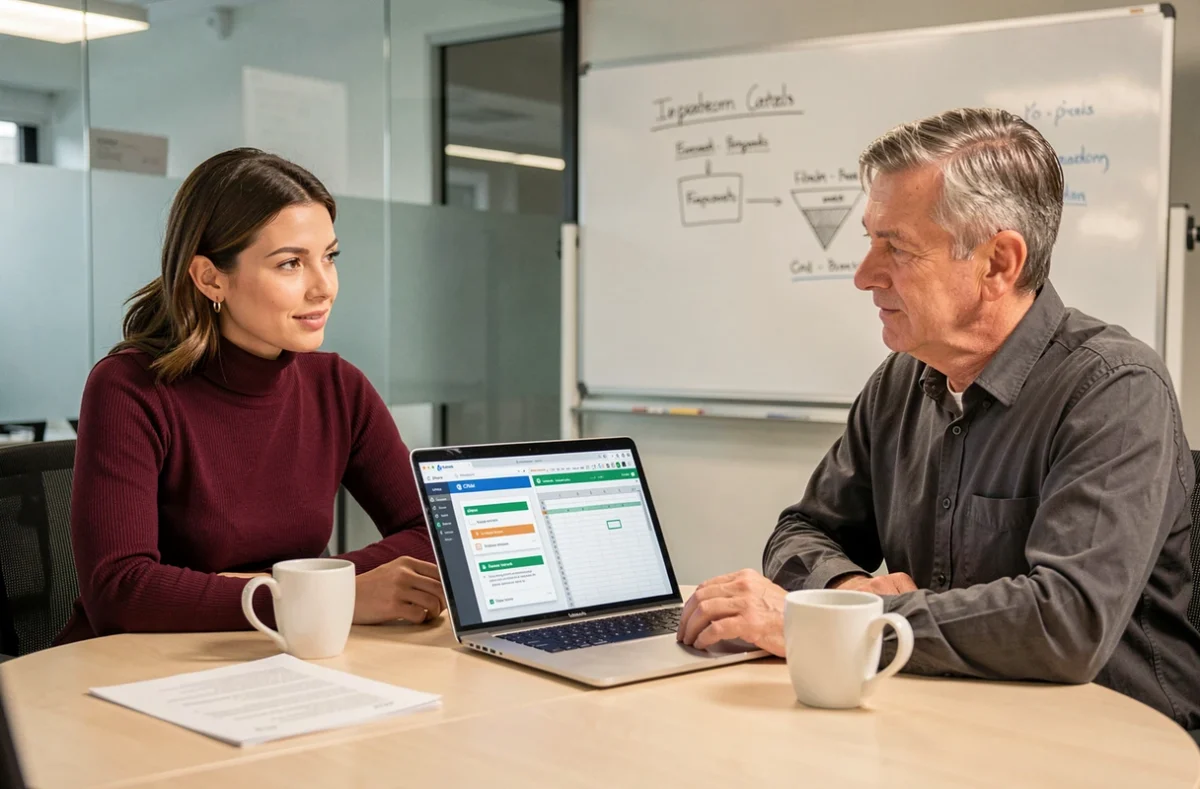 Deux collègues en réunion comparant un logiciel de prospection CRM et Excel sur un ordinateur portable