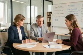 Réunion entre représentants du CSE et délégués syndicaux autour d'une table de réunion en entreprise