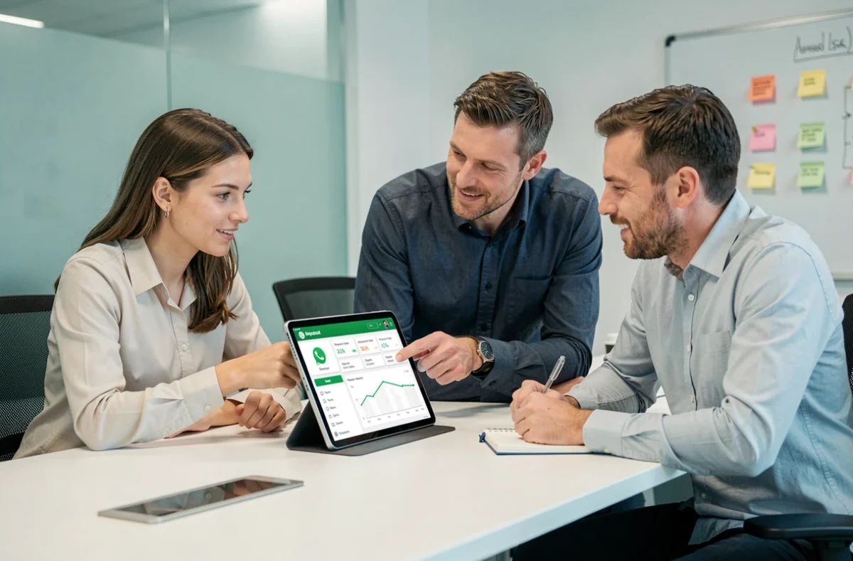 Deux collègues analysant ensemble le tableau de bord des performances WhatsApp Business en salle de réunion