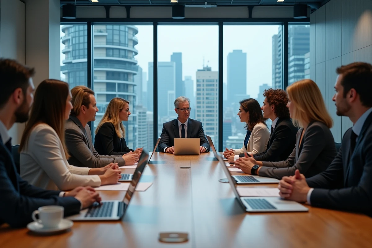 Groupe de professionnels discutant autour d