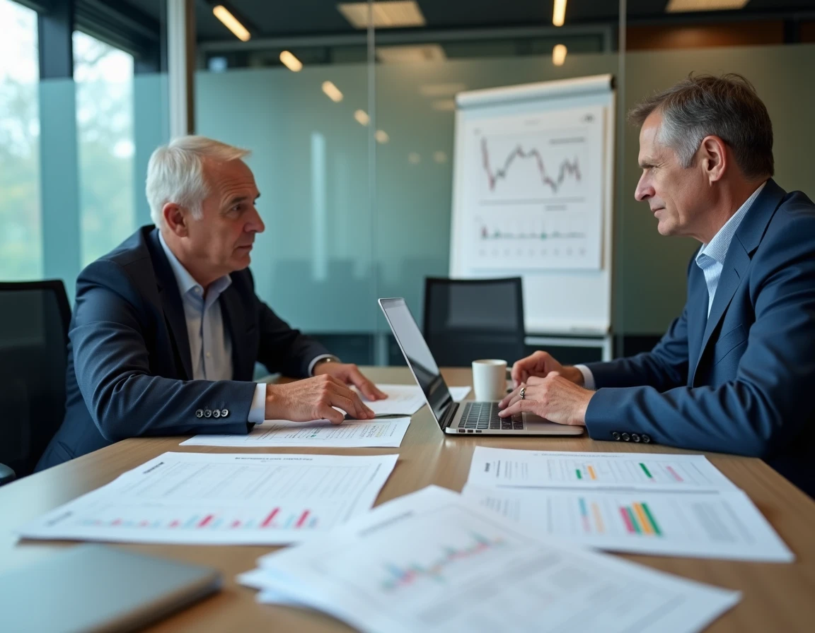 Deux professionnels en réunion discutant de la révision de prix de marché public à l'aide des indices INSEE TP08