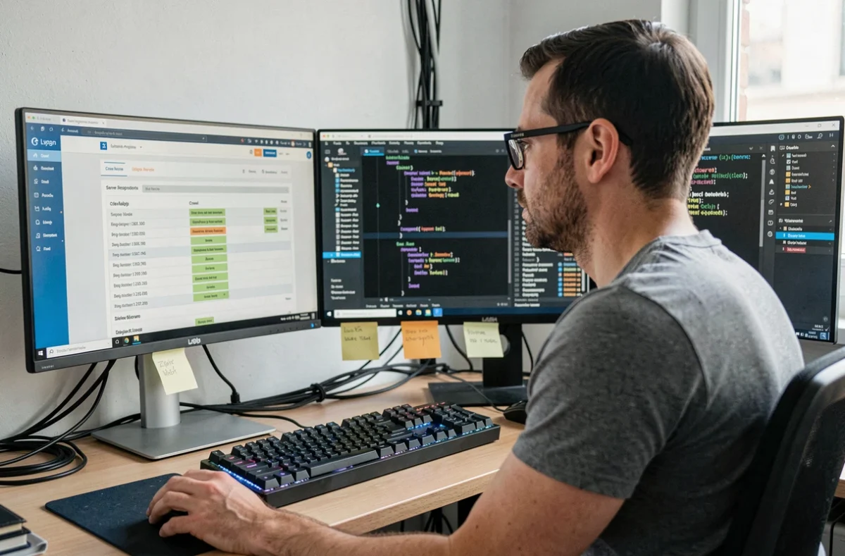 Consultant SEO technique de ROLLINGBOX à Lyon concentré sur une analyse de crawl et de données structurées sur trois moniteurs
