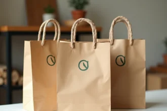 Petits sacs en papier kraft personnalisés avec logo imprimé, empilés sur une table en bois blanc dans une boutique artisanale
