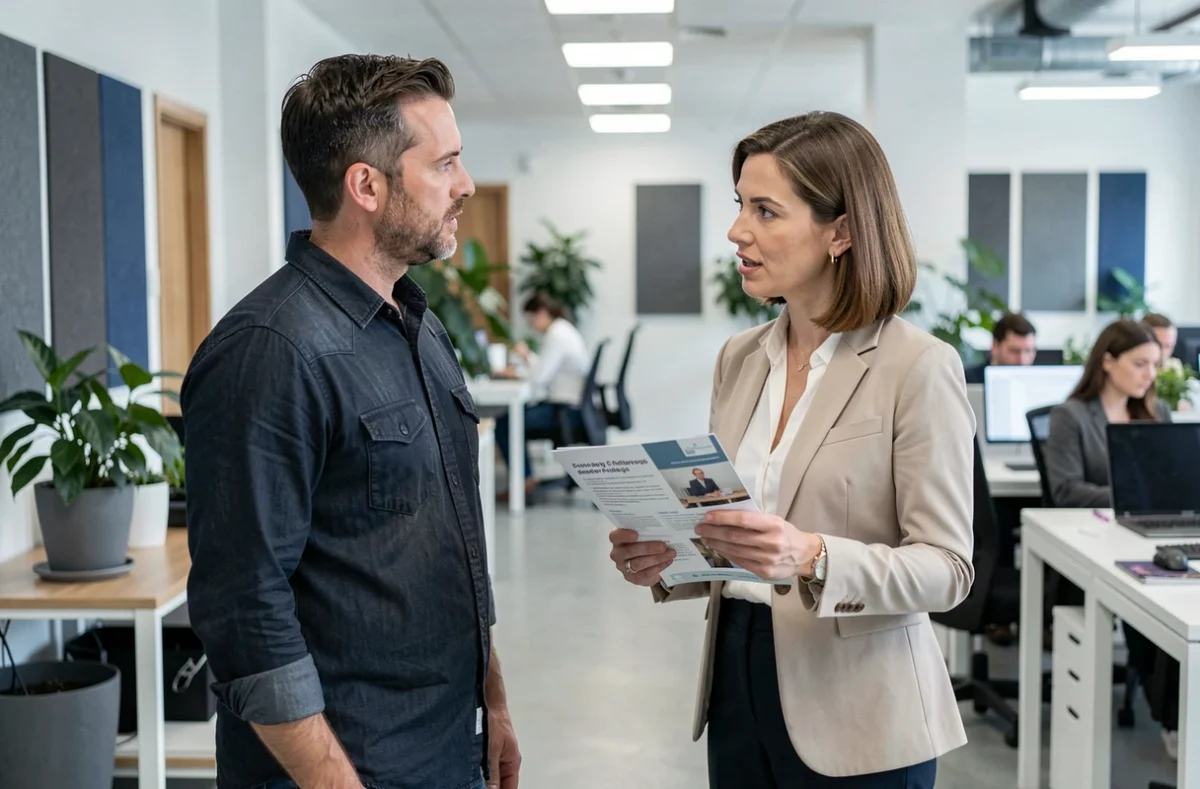 Salarié consultant un représentant syndical de branche dans les couloirs d'une entreprise moderne