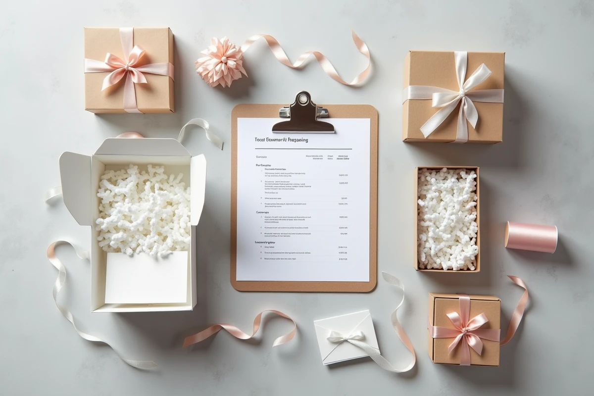 Sélection de boîtes cadeaux et matériaux d'emballage e-commerce présentés en flat lay pour comparer qualité et coûts