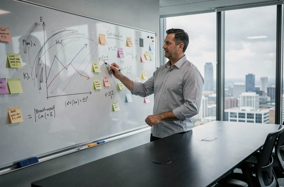 Dirigeant B2B présentant un graphique de seuil de rentabilité sur tableau blanc dans une salle de réunion moderne