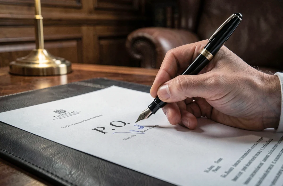 Gros plan d'une signature par ordre sur un document juridique officiel avec stylo plume