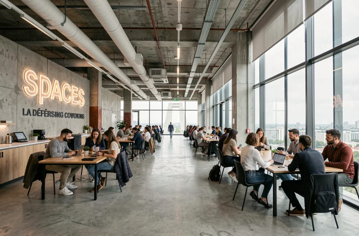 Espace Spaces La Défense avec vue sur le quartier d'affaires depuis un étage de coworking moderne
