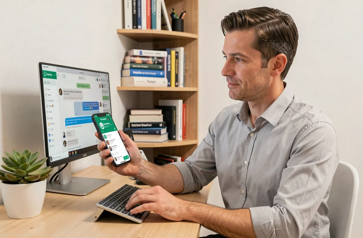Entrepreneur consultant les statistiques de messagerie WhatsApp Business sur smartphone dans un bureau à domicile
