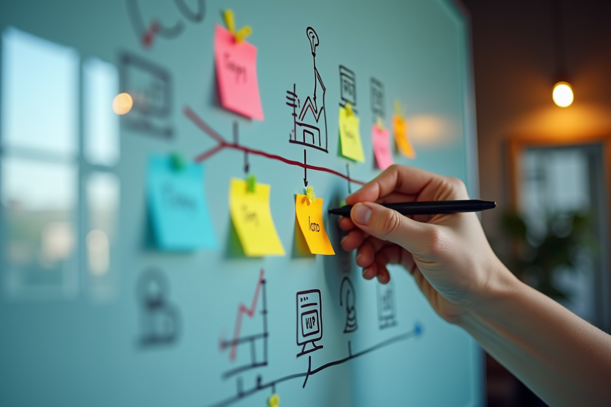 Main dessinant une strategie marketing sur un tableau blanc