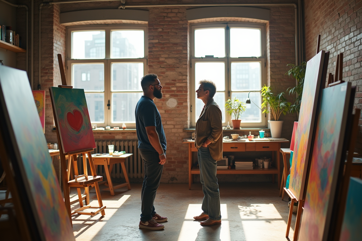 Artistes dans un studio lumineux examinant des toiles colorées