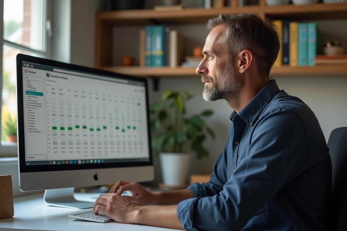 Homme en télétravail consultant un tableau de suivi annuel des heures travaillées sur ordinateur de bureau à domicile