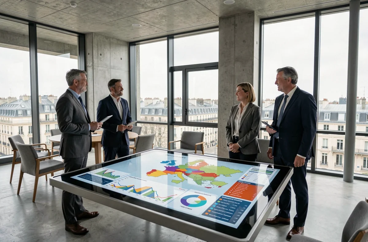 Équipe de professionnels étudiant une carte économique interactive d'un territoire en salle de réunion institutionnelle