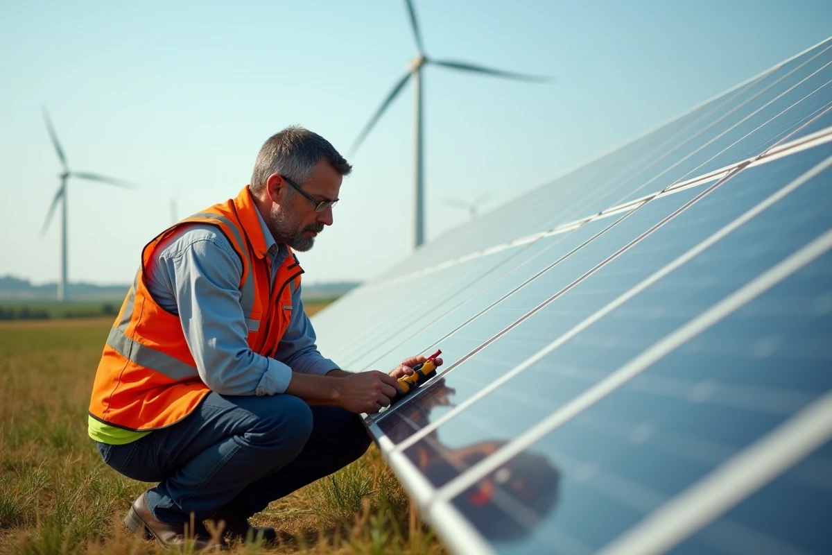 Technicien vérifiant panneaux solaires en plein air