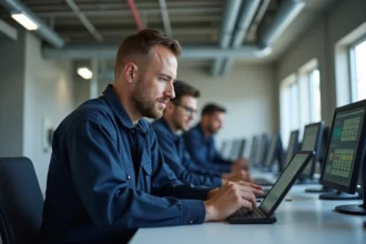 Technicien terrain en uniforme naviguant sur une tablette lors de l'onboarding Tool Time Login dans un centre opérationnel moderne