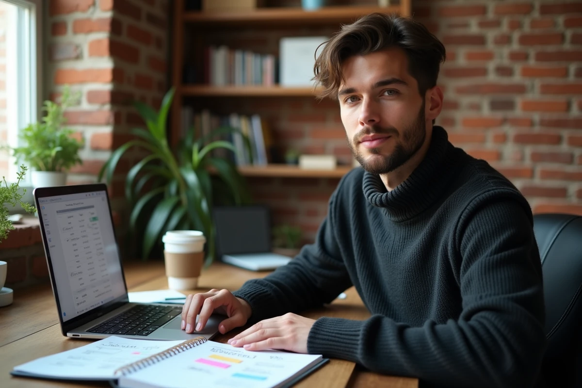 Jeune professionnel calculant ses heures de travail depuis son bureau à domicile pour préparer une négociation salariale