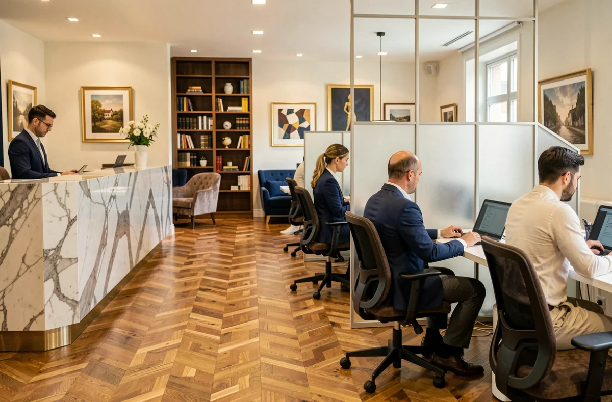 Espace de coworking haut de gamme Together Neuilly-Levallois avec mobilier raffiné et professionnels au travail