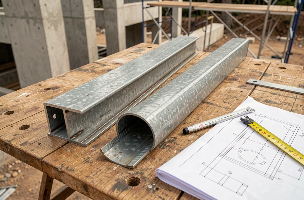 Tube carré et tube rond en acier posés sur un établi de chantier avec plan technique