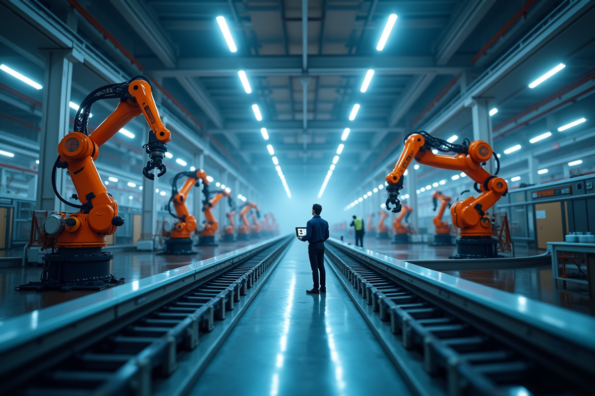 Usine automatisée avec robots et techniciens en 2025