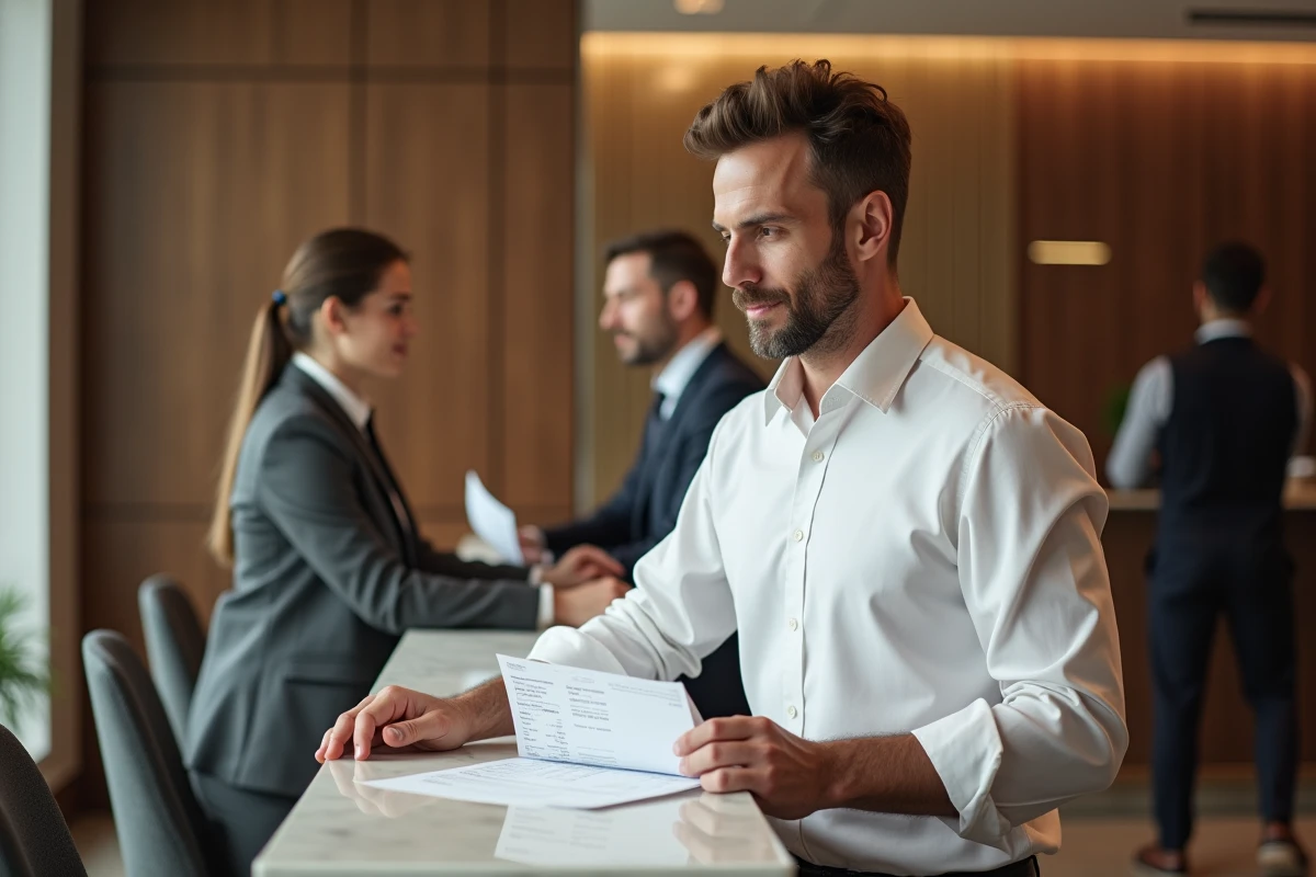 Homme d'affaires vérifiant les suppléments de prix lors de l'enregistrement à la réception d'un hôtel pour entrepreneurs