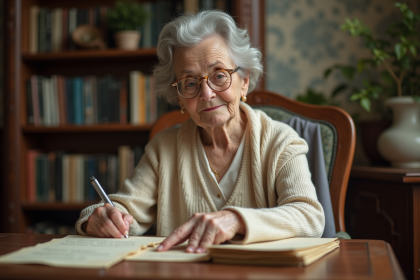 Femme âgée manipulant des lettres anciennes dans un bureau chaleureux