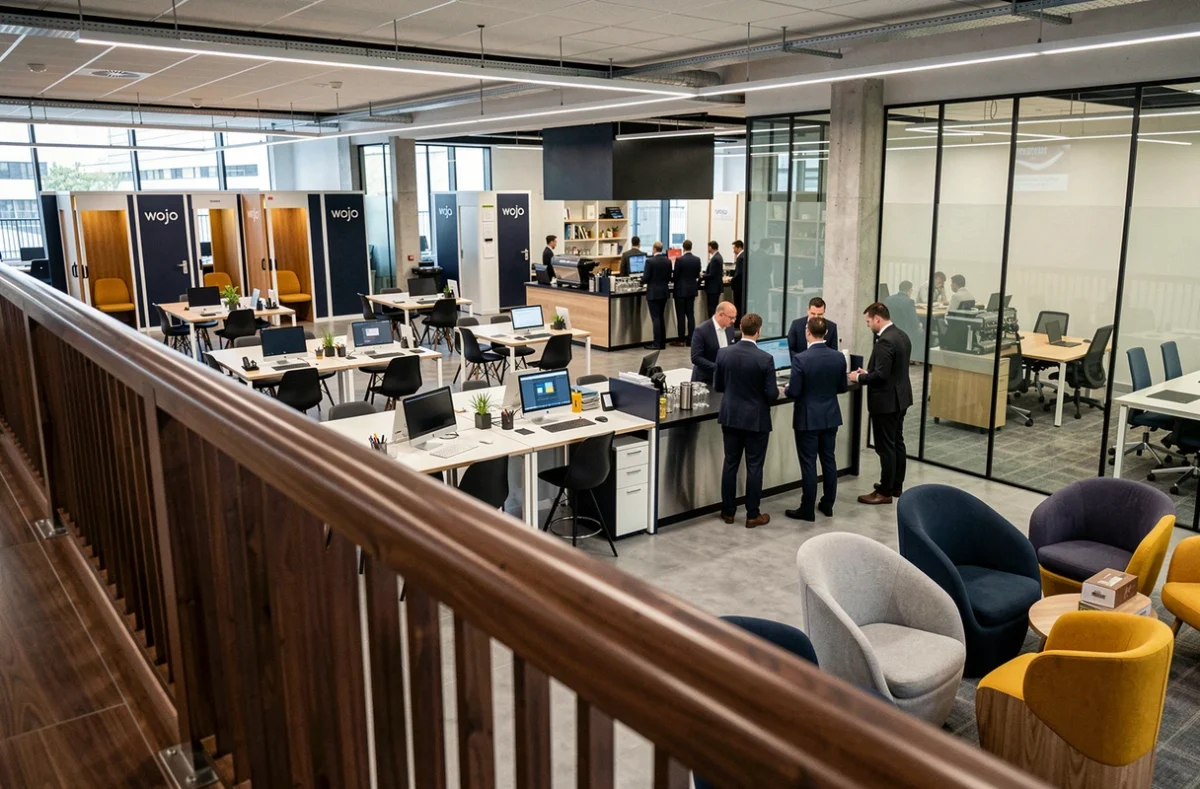 Grand espace de coworking corporate Wojo La Défense avec comptoir barista et open space pour équipes