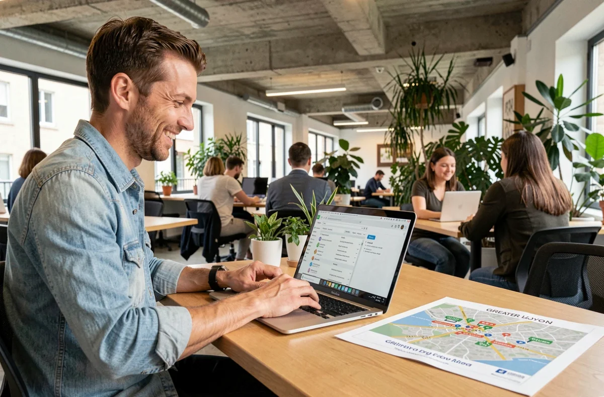 Référenceur SEO de Zeb et Web dans un espace de co-working de la périphérie lyonnaise analysant une carte locale et un audit de référencement